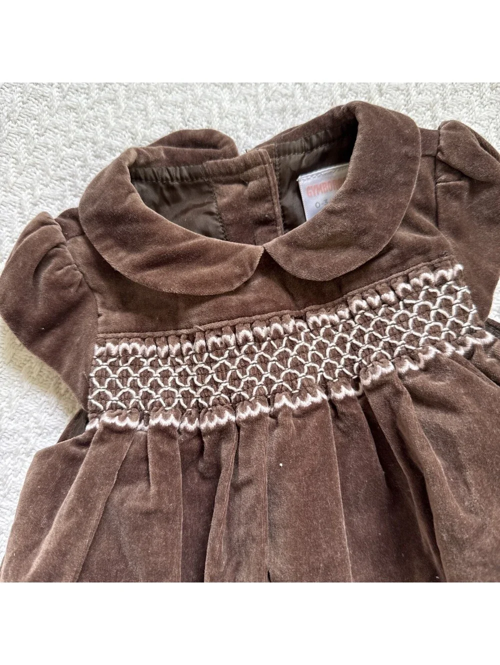 Gymboree 2009 Teddy Bear Line Smocked Embroidered Brown Dress Velvet 0-3m